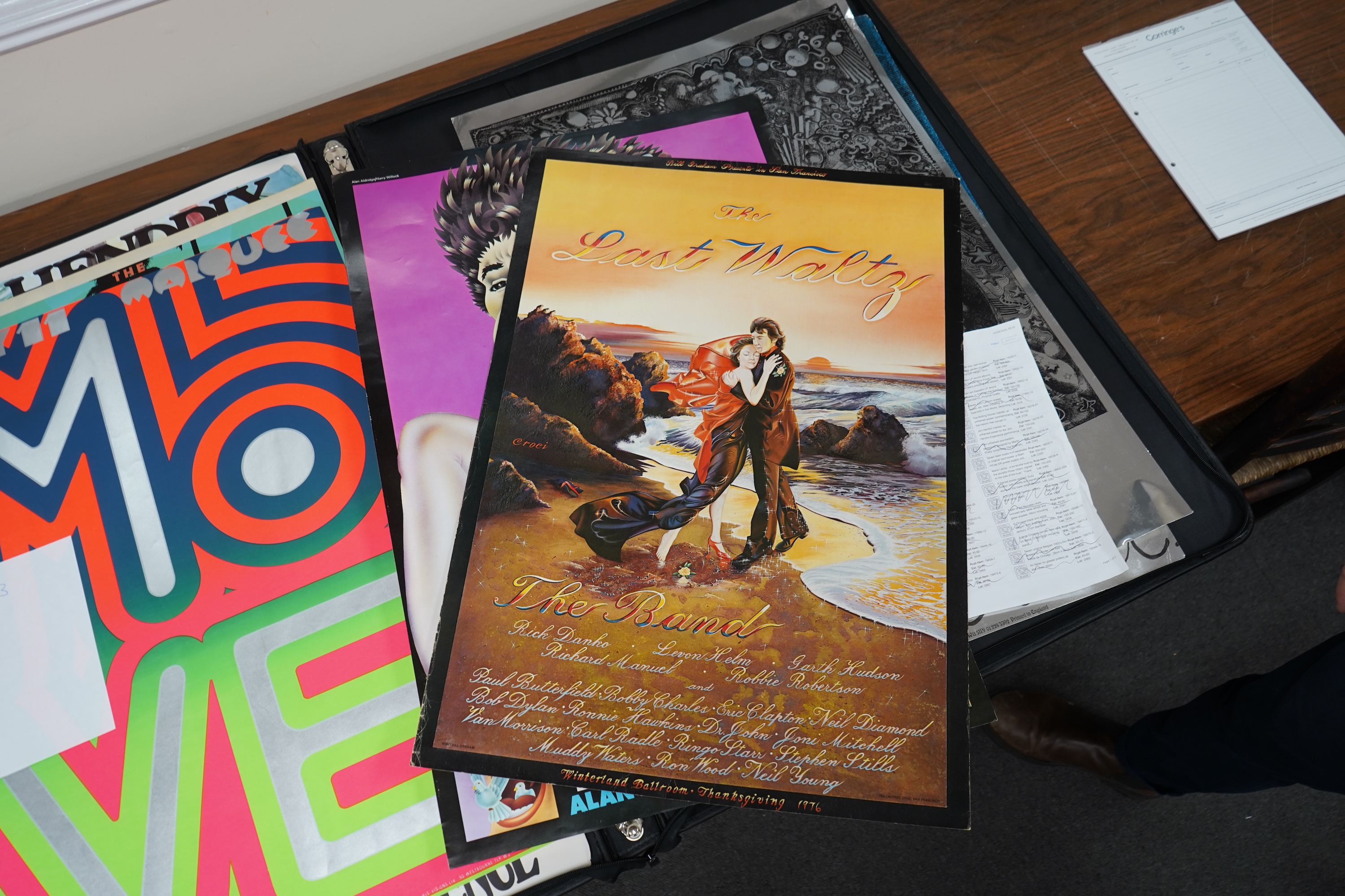 Two unframed film posters comprising Don’t Look Back, designed by Alan Aldridge, starring Bob Dylan and The Last Waltz, Promoted by Bill Graham, San Francisco, 1977, largest 76 x 50cm